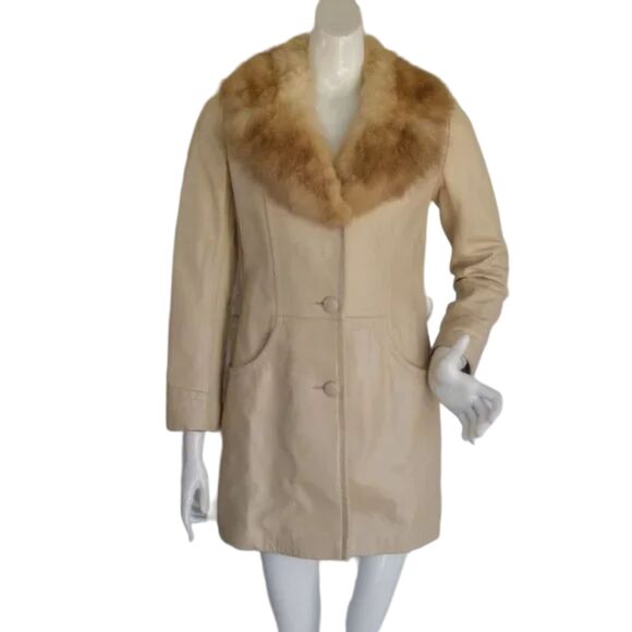 PETER CARUSO Leather Jacket/Coat, S, Tan Body, Fox Fur collar, Pockets - Picture 1 of 15